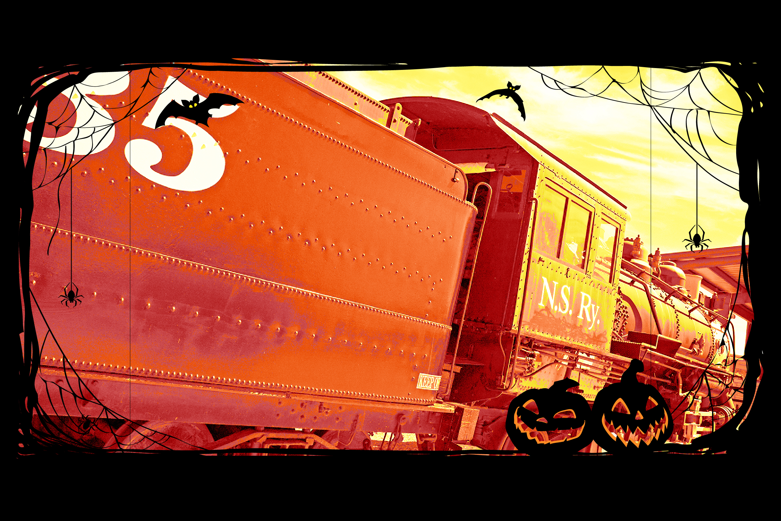 Halloween themed image of a train from the Boulder City Collection. Image has an orange tint and shows spiderwebs, jack o lanterns and bats